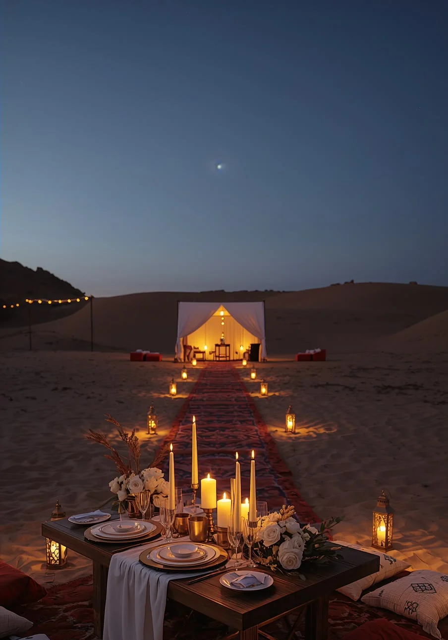 Candlelit dinner table for two with white roses on Moroccan rugs, a lantern-lit path leading to a white tent in the Agafay desert near Marrakech