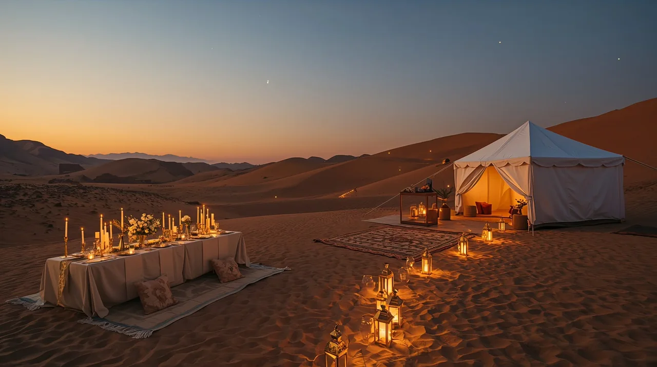Candlelit table and a lit white tent on the dunes at dusk, Agafay desert near Marrakech